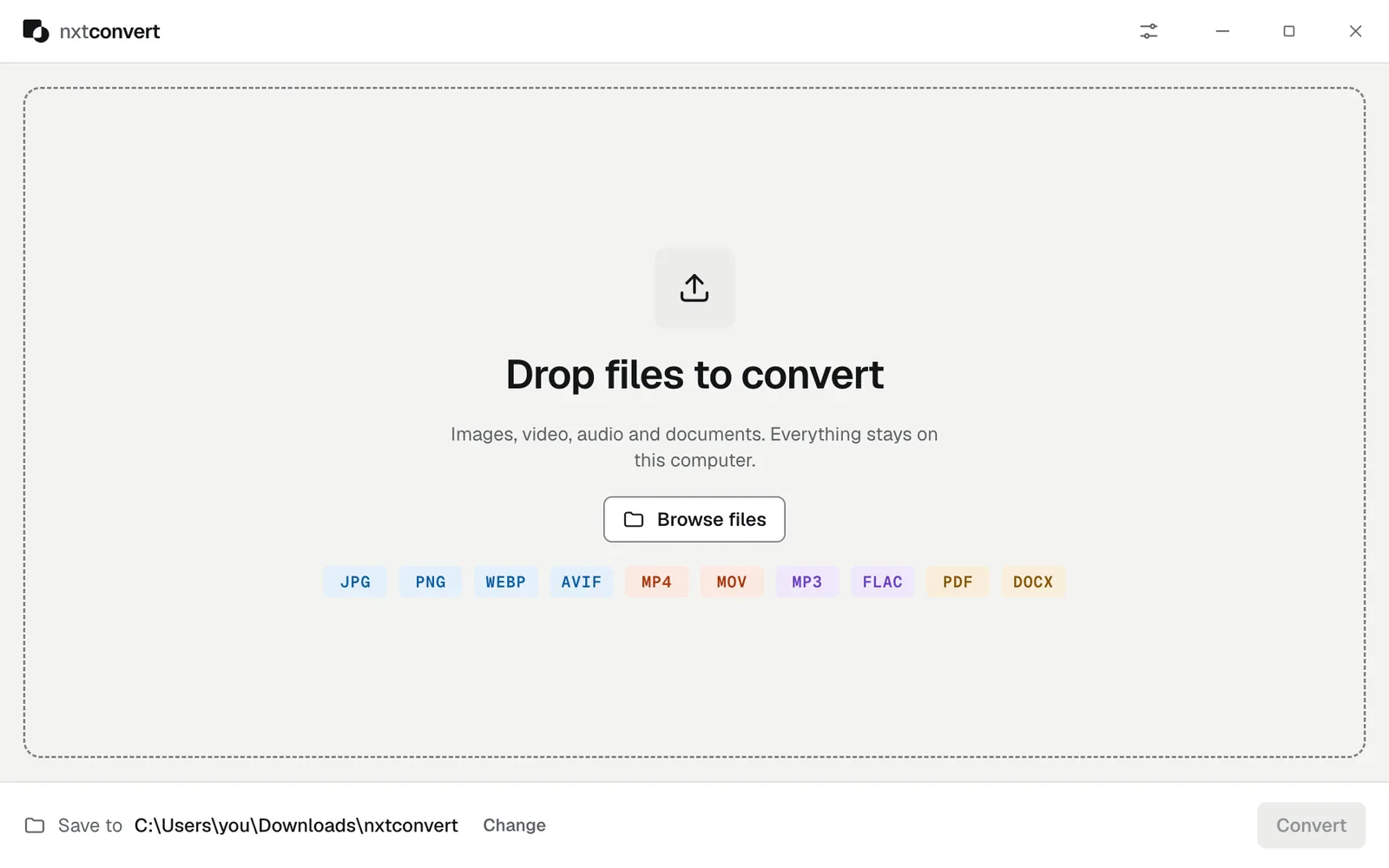 nxtconvert's empty window: drop files to convert, or browse