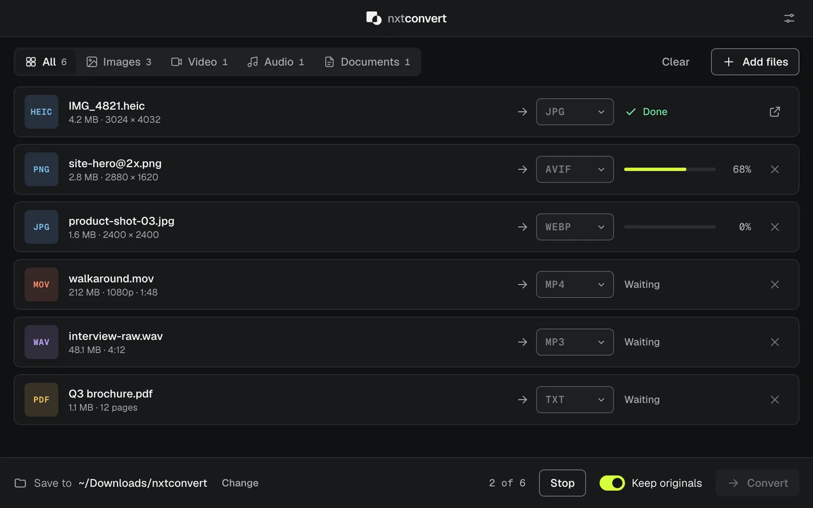 nxtconvert converting a HEIC photo to JPG, a PNG to AVIF, a MOV video to MP4 and a WAV recording to MP3 in one queue